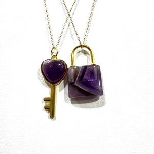 BNWT Two (2) Amethyst heart lock and key Necklace Set